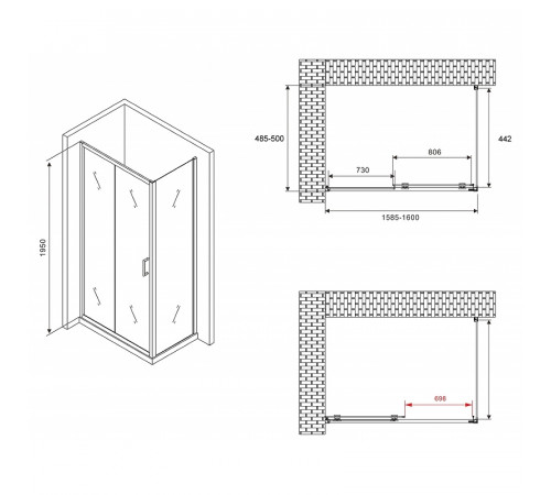 Душевой уголок Abber Schwarzer Diamant 160x50 AG30160B-S50B профиль Черный стекло прозрачное