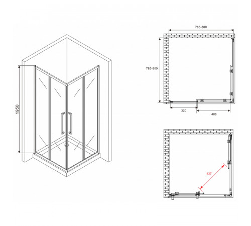 Душевой уголок Abber Schwarzer Diamant 80x80 AG02080BDTH профиль Черный стекло тонированное