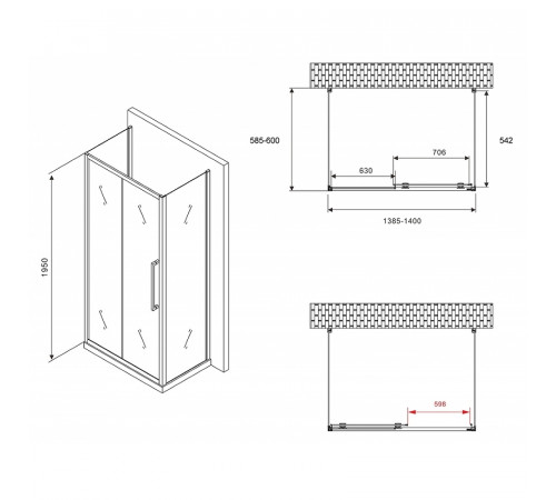 Душевой уголок Abber Schwarzer Diamant 140x60 AG30140BH-S60B-S60B профиль Черный стекло прозрачное