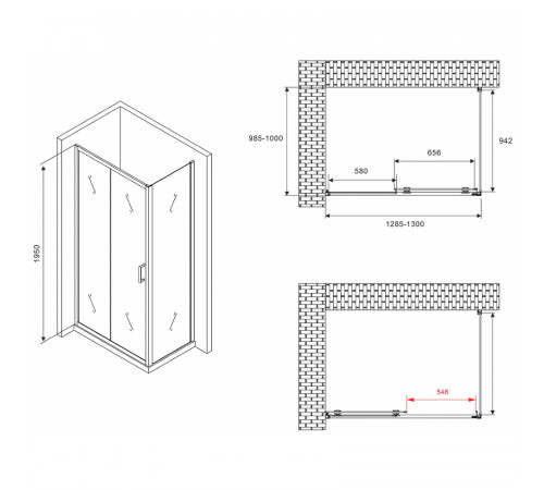 Душевой уголок Abber Schwarzer Diamant 130x100 AG30130BMH-S100BM профиль Черный стекло матовое