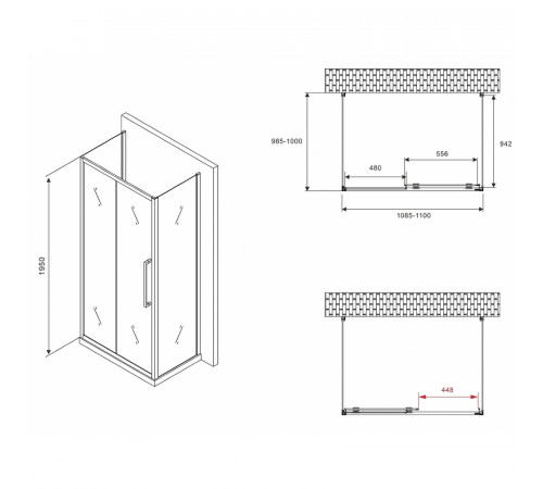 Душевой уголок Abber Schwarzer Diamant 110x100 AG30110BMH-S100BM-S100BM профиль Черный стекло матовое