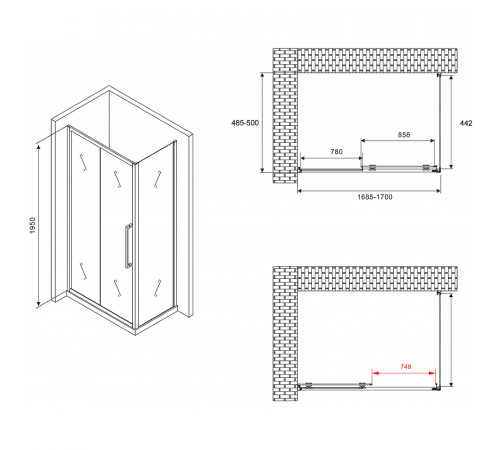 Душевой уголок Abber Schwarzer Diamant 170x50 AG30170BH-S50B профиль Черный стекло прозрачное