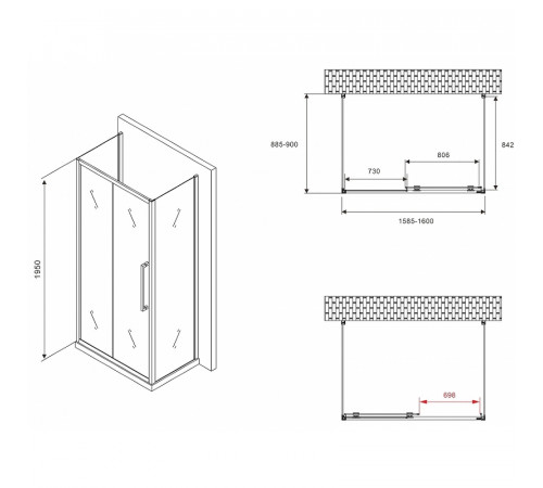 Душевой уголок Abber Schwarzer Diamant 160x90 AG30160BMH-S90BM-S90BM профиль Черный стекло матовое