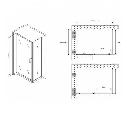 Душевой уголок Abber Schwarzer Diamant 150x50 AG301505-S505 профиль Хром стекло прозрачное