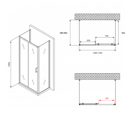 Душевой уголок Abber Schwarzer Diamant 140x60 AG30140B-S60B-S60B профиль Черный стекло прозрачное