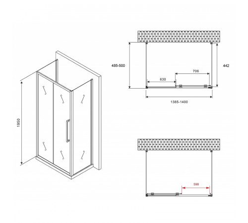 Душевой уголок Abber Schwarzer Diamant 140x50 AG30140BH-S50B-S50B профиль Черный стекло прозрачное