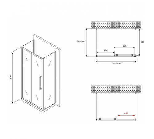 Душевой уголок Abber Schwarzer Diamant 110x70 AG30110BMH-S70BM-S70BM профиль Черный стекло матовое