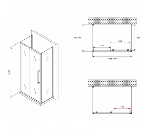 Душевой уголок Abber Schwarzer Diamant 170x70 AG30170BMH-S70BM-S70BM профиль Черный стекло матовое