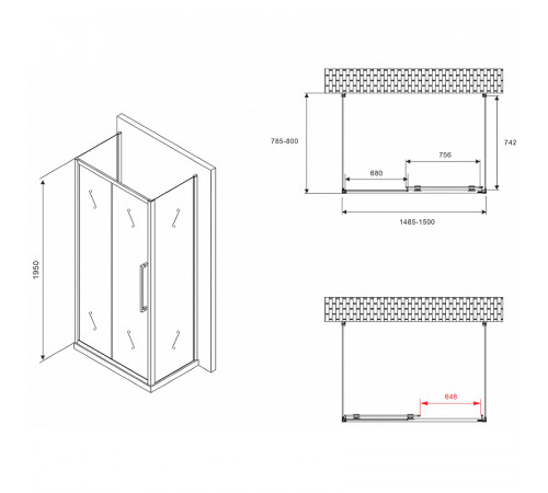 Душевой уголок Abber Schwarzer Diamant 150x80 AG30150BMH-S80BM-S80BM профиль Черный стекло матовое