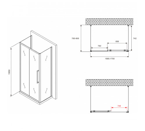 Душевой уголок Abber Schwarzer Diamant 170x80 AG30170BMH-S80BM-S80BM профиль Черный стекло матовое