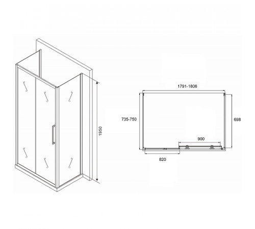 Душевой уголок Abber Schwarzer Diamant 180x75 AG30180BH-S75B-S75B профиль Черный стекло прозрачное