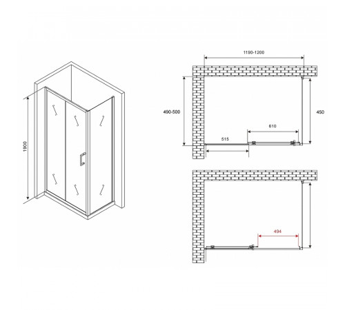 Душевой уголок Abber Schwarzer Diamant 120x50 AG30120B5-S50B5 профиль Черный стекло прозрачное