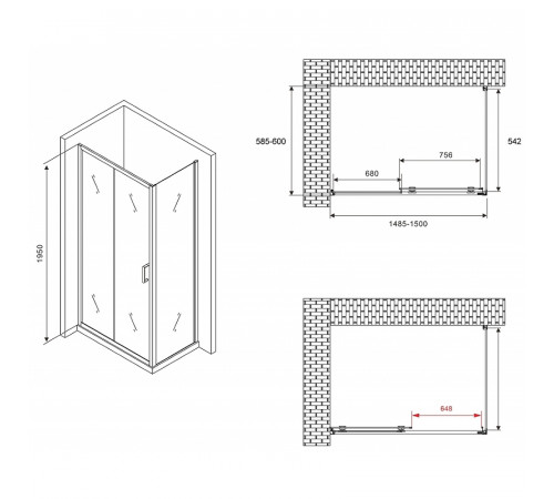 Душевой уголок Abber Schwarzer Diamant 150x60 AG30150B-S60B профиль Черный стекло прозрачное