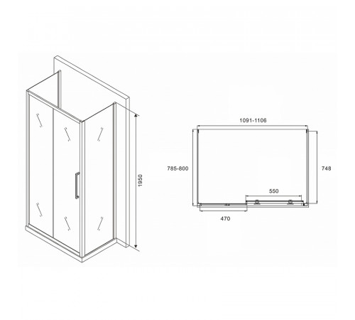 Душевой уголок Abber Schwarzer Diamant 110x80 AG30110MH-S80M-S80M профиль Хром стекло матовое