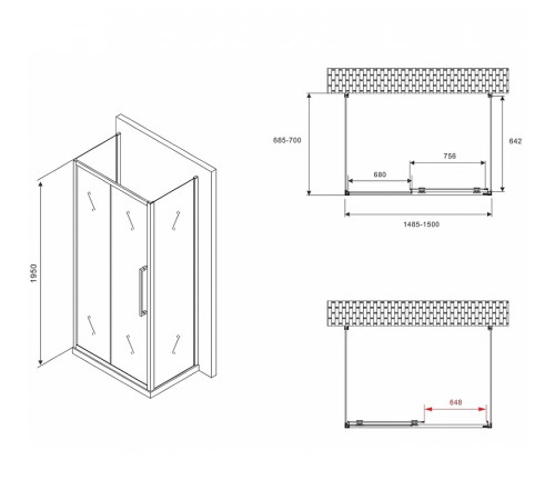 Душевой уголок Abber Schwarzer Diamant 150x70 AG30150BMH-S70BM-S70BM профиль Черный стекло матовое