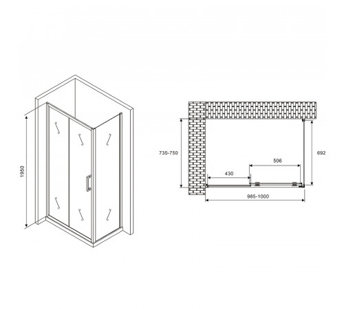 Душевой уголок Abber Schwarzer Diamant 100x75 AG30100B-S75B профиль Черный стекло прозрачное