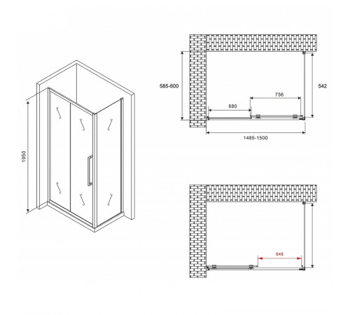 Душевой уголок Abber Schwarzer Diamant 150x60 AG30150BH-S60B профиль Черный стекло прозрачное