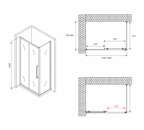 Душевой уголок Abber Schwarzer Diamant 140x80 AG30140BMH-S80BM профиль Черный стекло матовое