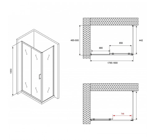 Душевой уголок Abber Schwarzer Diamant 180x50 AG30180B-S50B профиль Черный стекло прозрачное