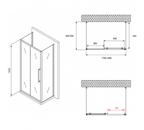 Душевой уголок Abber Schwarzer Diamant 180x50 AG30180BH-S50B-S50B профиль Черный стекло прозрачное