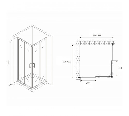 Душевой уголок Abber Schwarzer Diamant 100x100 AG02100B5 профиль Черный стекло прозрачное