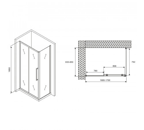 Душевой уголок Abber Schwarzer Diamant 170x85 AG30170H-S85 профиль Хром стекло прозрачное