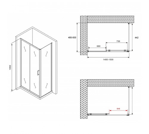 Душевой уголок Abber Schwarzer Diamant 150x50 AG30150B-S50B профиль Черный стекло прозрачное