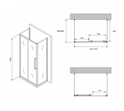 Душевой уголок Abber Schwarzer Diamant 100x50 AG30100BH-S50B-S50B профиль Черный стекло прозрачное