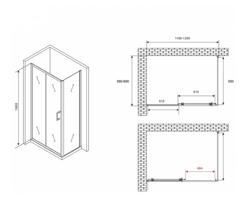 Душевой уголок Abber Schwarzer Diamant 120x60 AG301205-S605 профиль Хром стекло прозрачное