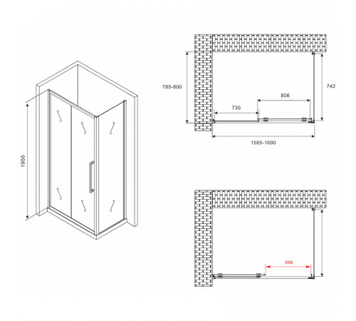 Душевой уголок Abber Schwarzer Diamant 160x80 AG30160BMH-S80BM профиль Черный стекло матовое