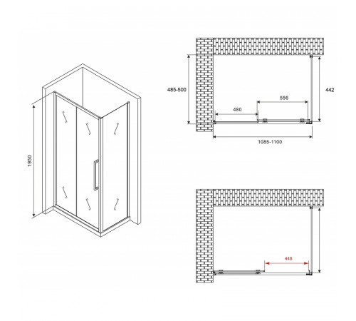 Душевой уголок Abber Schwarzer Diamant 110x50 AG30110H-S50 профиль Хром стекло прозрачное