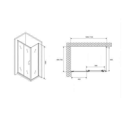 Душевой уголок Abber Schwarzer Diamant 110x70 AG30110B5-S70B5 профиль Черный стекло прозрачное