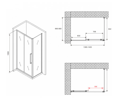 Душевой уголок Abber Schwarzer Diamant 140x90 AG30140BMH-S90BM профиль Черный стекло матовое