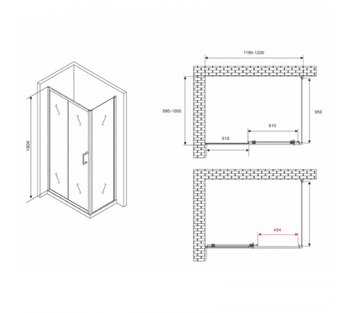 Душевой уголок Abber Schwarzer Diamant 120x100 AG30120B5-S100B5 профиль Черный стекло прозрачное