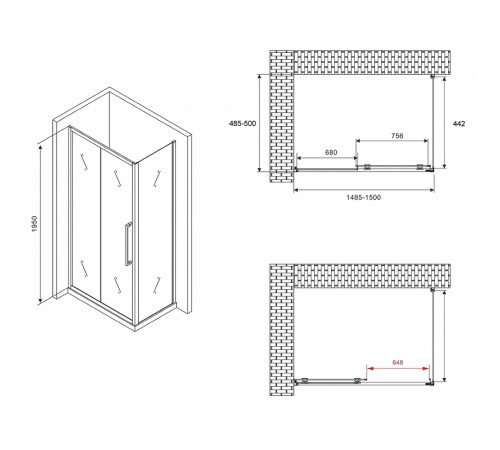 Душевой уголок Abber Schwarzer Diamant 150x50 AG30150H-S50 профиль Хром стекло прозрачное