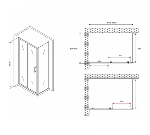 Душевой уголок Abber Schwarzer Diamant 150x60 AG30150B5-S60B5 профиль Черный стекло прозрачное