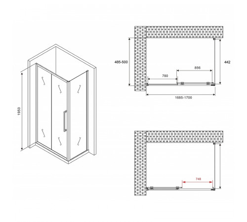 Душевой уголок Abber Schwarzer Diamant 170x50 AG30170H-S50 профиль Хром стекло прозрачное