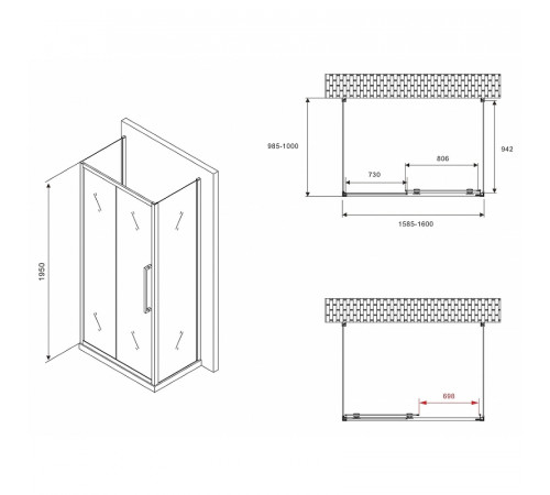 Душевой уголок Abber Schwarzer Diamant 160x100 AG30160BMH-S100BM-S100BM профиль Черный стекло матовое