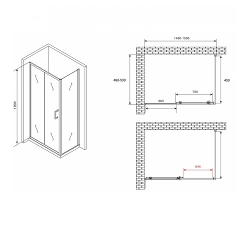 Душевой уголок Abber Schwarzer Diamant 150x50 AG30150B5-S50B5 профиль Черный стекло прозрачное