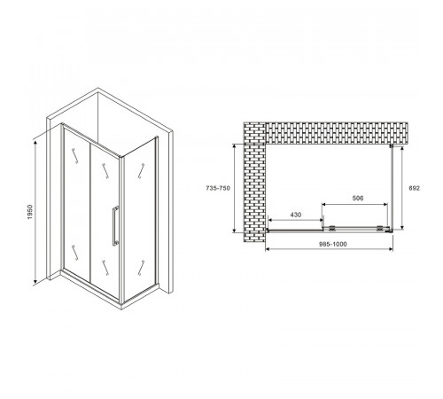 Душевой уголок Abber Schwarzer Diamant 100x75 AG30100H-S75 профиль Хром стекло прозрачное