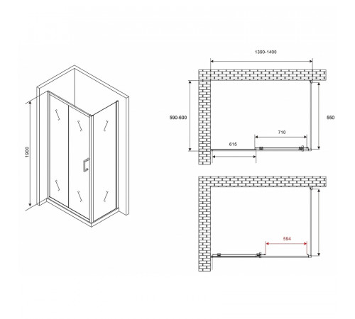 Душевой уголок Abber Schwarzer Diamant 140x60 AG301405-S605 профиль Хром стекло прозрачное