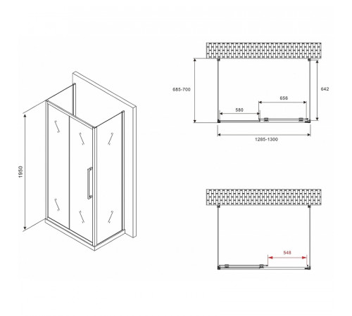 Душевой уголок Abber Schwarzer Diamant 130x70 AG30130BMH-S70BM-S70BM профиль Черный стекло матовое