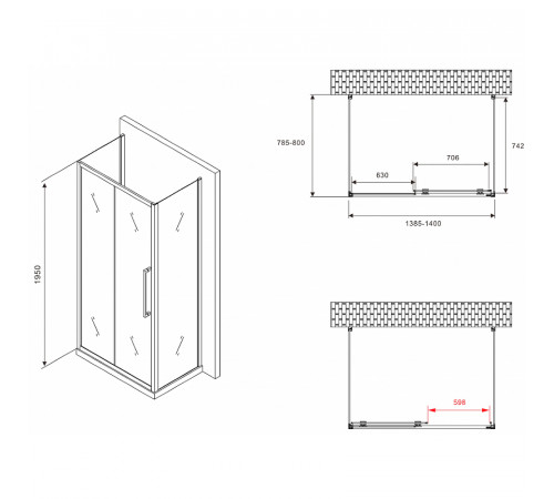 Душевой уголок Abber Schwarzer Diamant 140x80 AG30140BMH-S80BM-S80BM профиль Черный стекло матовое