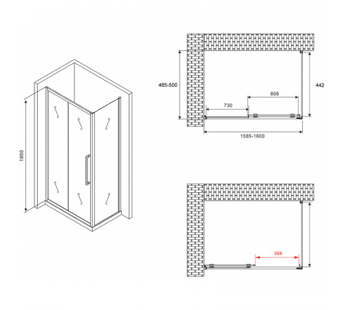 Душевой уголок Abber Schwarzer Diamant 160x50 AG30160BH-S50B профиль Черный стекло прозрачное