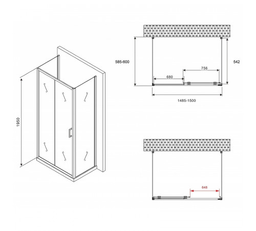 Душевой уголок Abber Schwarzer Diamant 150x60 AG30150B-S60B-S60B профиль Черный стекло прозрачное