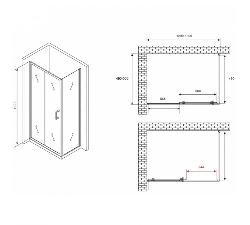 Душевой уголок Abber Schwarzer Diamant 130x50 AG30130B5-S50B5 профиль Черный стекло прозрачное