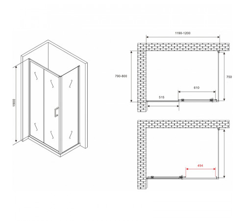 Душевой уголок Abber Schwarzer Diamant 120x80 AG30120B5-S80B5 профиль Черный стекло прозрачное