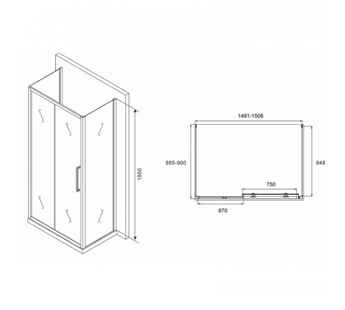 Душевой уголок Abber Schwarzer Diamant 150x90 AG30150MH-S90M-S90M профиль Хром стекло матовое