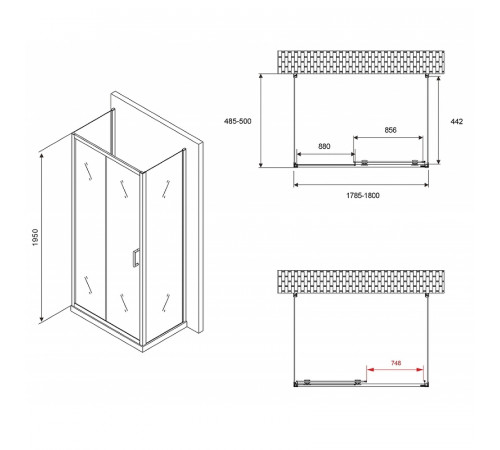 Душевой уголок Abber Schwarzer Diamant 180x50 AG30180B-S50B-S50B профиль Черный стекло прозрачное