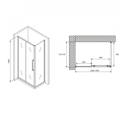 Душевой уголок Abber Schwarzer Diamant 130x75 AG30130H-S75 профиль Хром стекло прозрачное